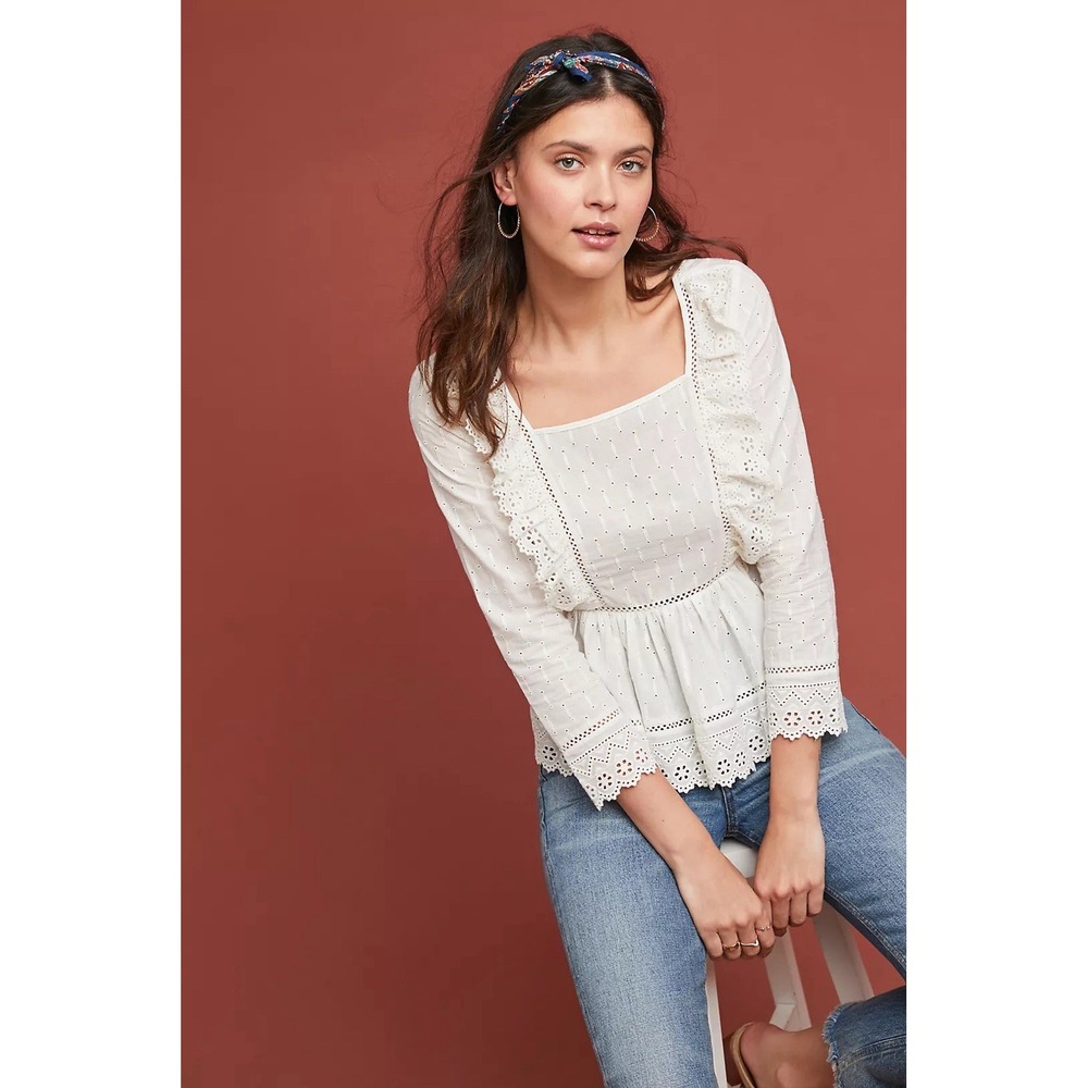Anthropologie Meadow Rue Women's Edelyn Ruffled Eyelet Peplum Top Size 4 White